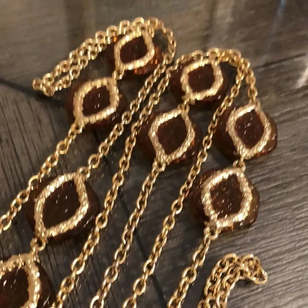 Vintage Station Necklace Amber Acrylic Accents